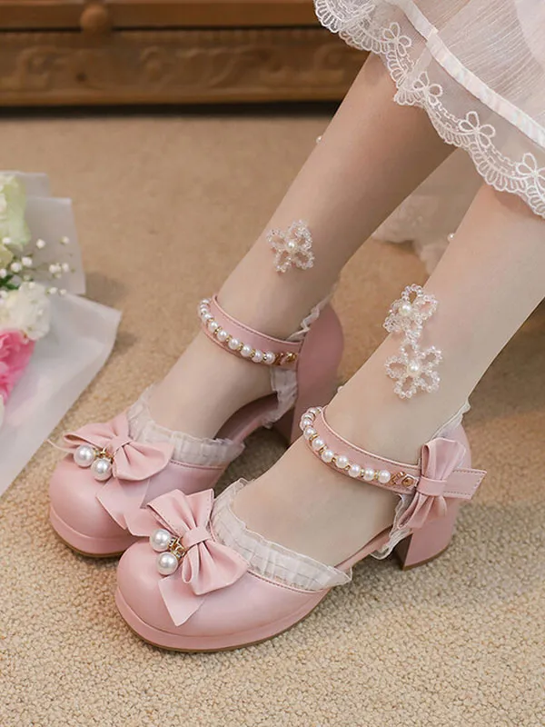 Sweet Lolita Sandals Ruffles Pearls Bows Round Toe PU Leather Pink Lolita Summer Shoes